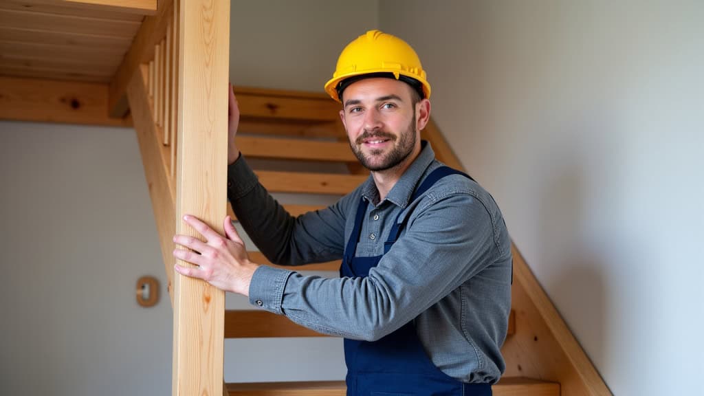 Technicien installant un monte-escalier tournant dans une maison traditionnelle du Cantal