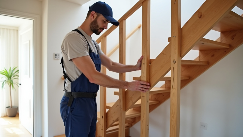 Technicien installateur de monte-escalier en train de mesurer un escalier en bois dans une maison à Dettwiller