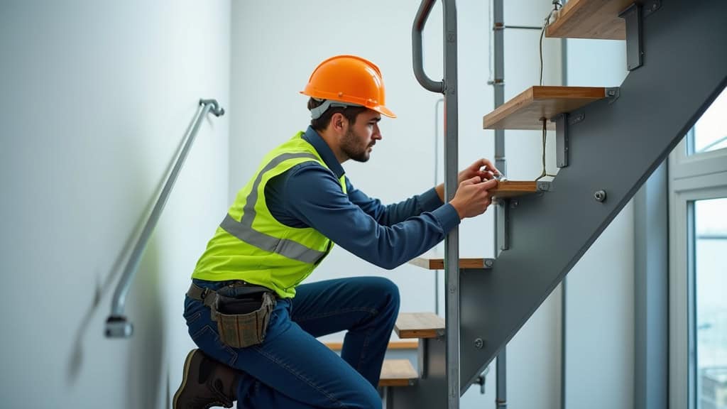 Technicien local effectuant une maintenance sur un monte-escalier à Acoua