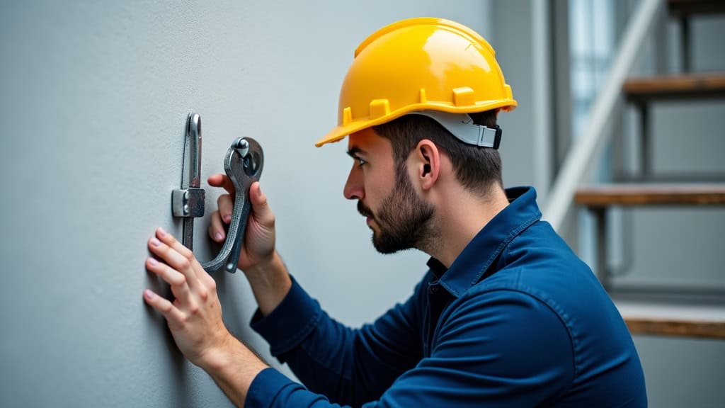 Technicien local en train de vérifier un monte-escalier à La Fouillouse, outils à la main, avec casque de sécurité