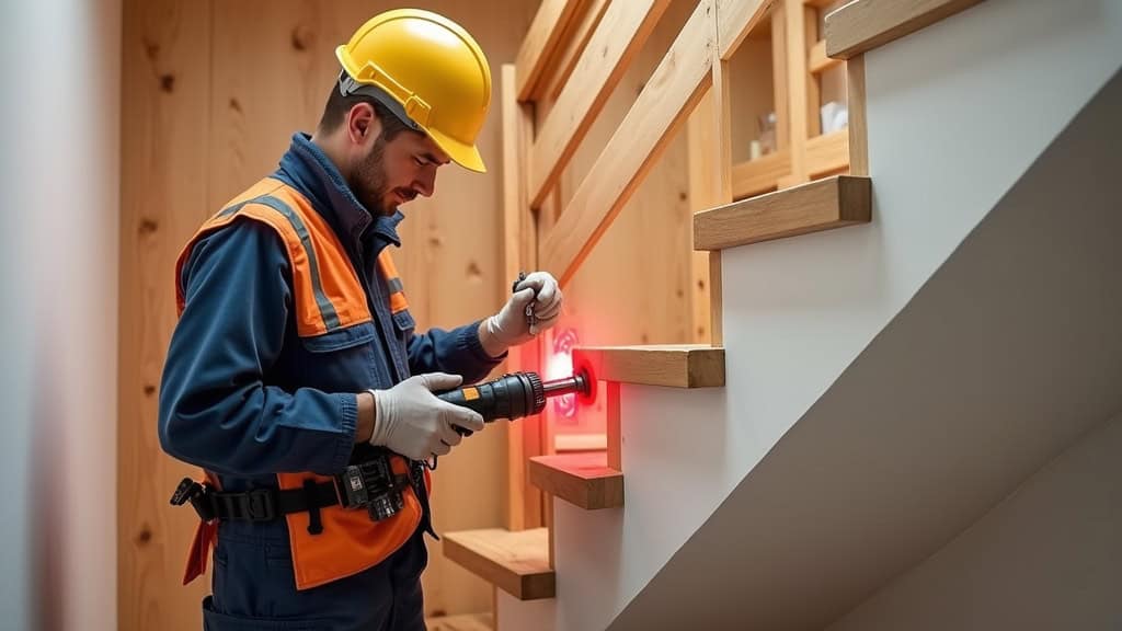 Technicien mesurant un escalier en bois à Nointot avec un ruban et un laser