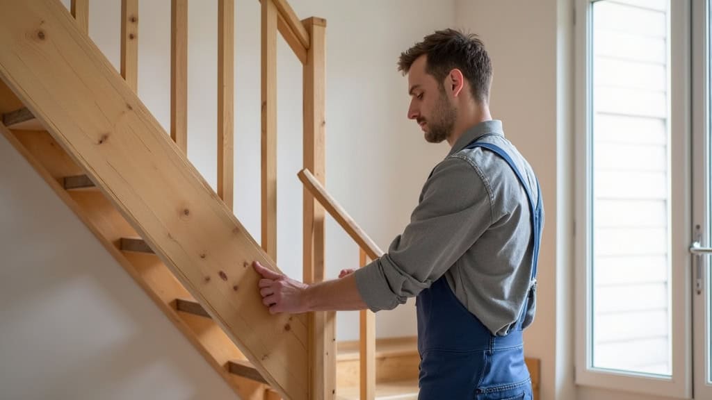 Technicien mesurant un escalier en bois avant installation d