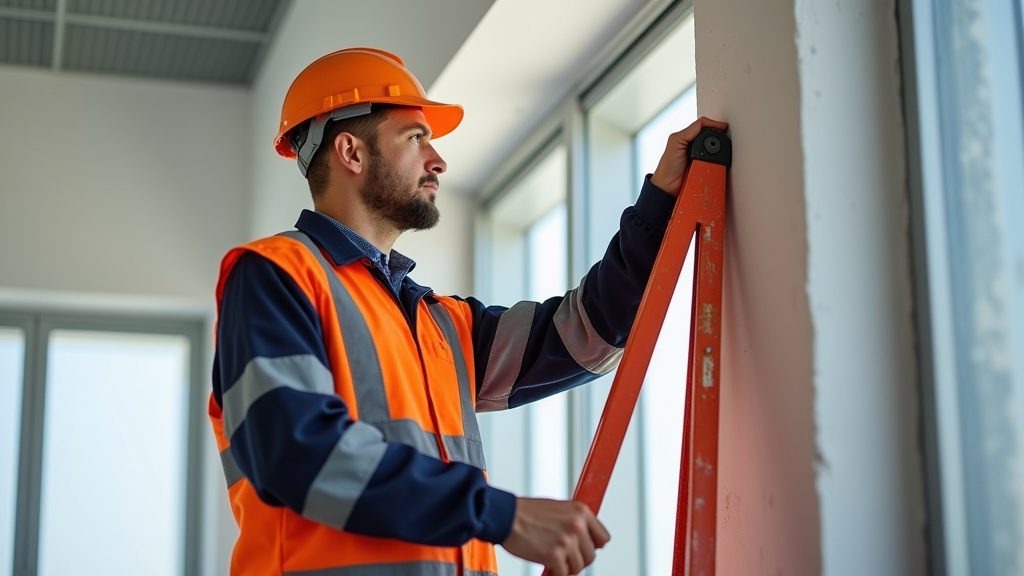 Technicien prenant les mesures pour un monte-escalier tournant à Essarts-en-Bocage
