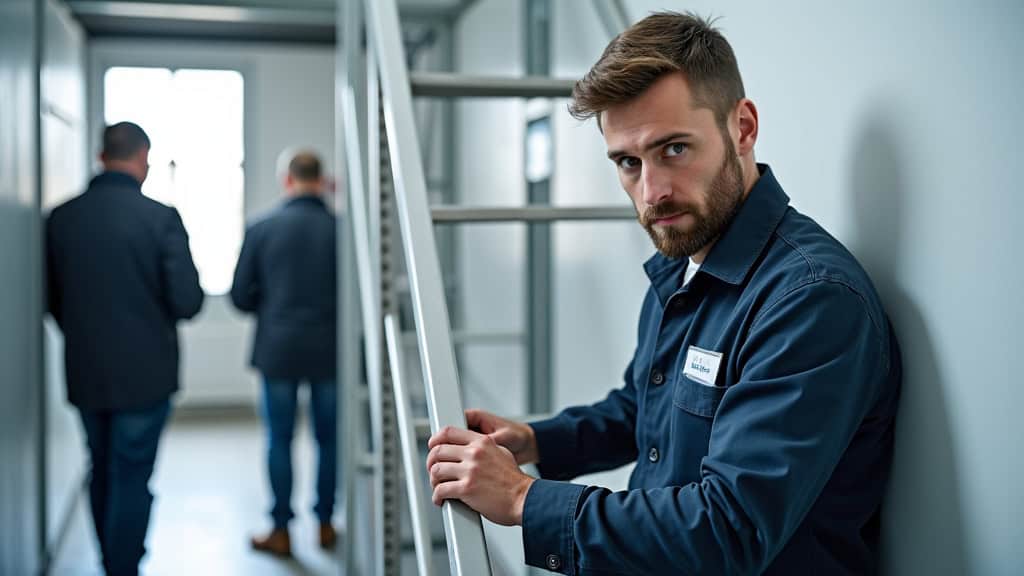 Technicien préparant un monte-escalier pour pose à Terres-de-Caux