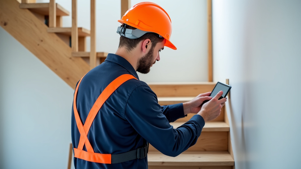 Technicien professionnel en train de mesurer un escalier à Noaillan pour une installation sur mesure