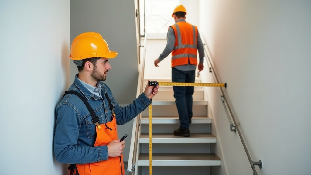 Technicien professionnel en train de mesurer un escalier pour une installation sur mesure