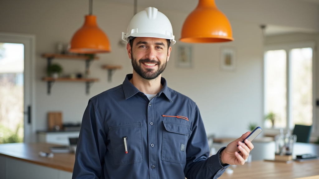 Technicien professionnel en uniforme présentant un devis à un client dans une maison à Saint-Marcel-sur-Aude