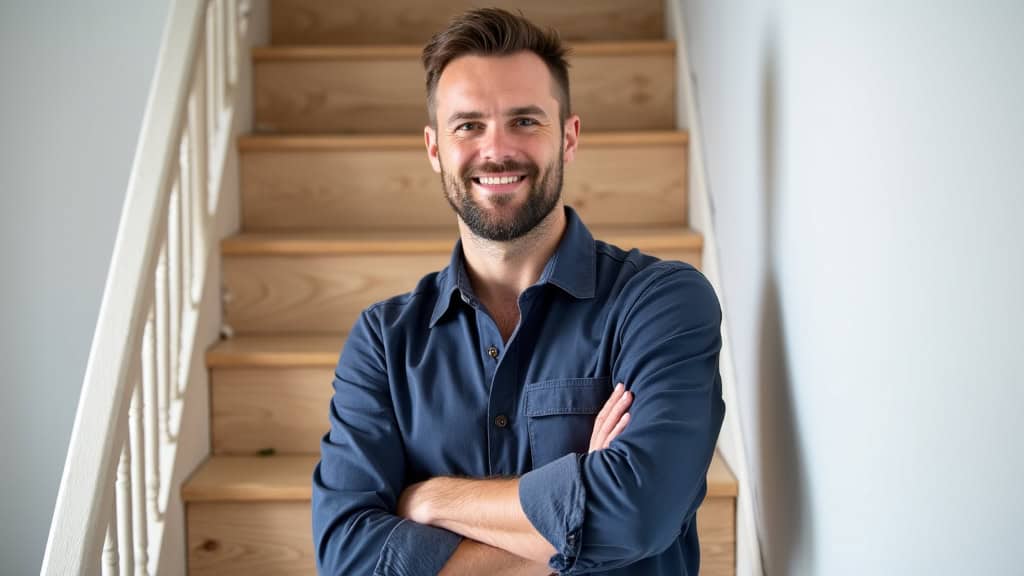 Technicien professionnel installant un monte-escalier droit dans une maison de Bellinghem, en présence du client