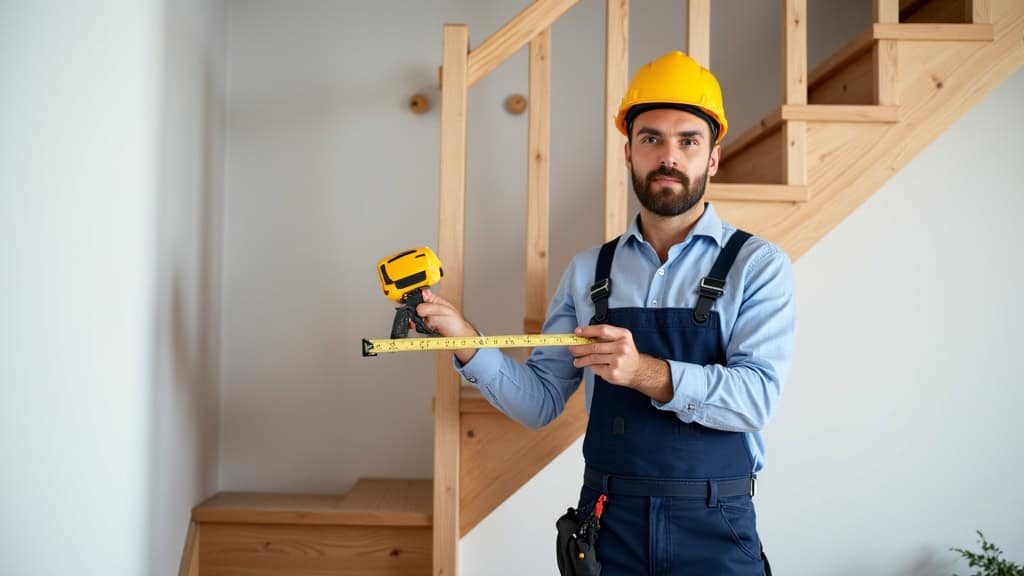 Technicien qualifié en train d’installer un monte-escalier dans une maison à Tuffalun, avec un outil de mesure en main