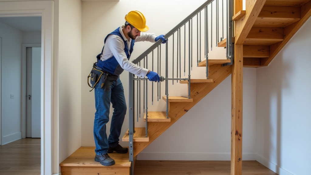Technicien spécialisé en train de fixer un rail métallique sur un escalier en bois à Hendaye