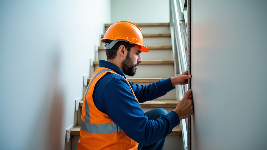 Technicien spécialisé en train de mesurer un escalier pour installation