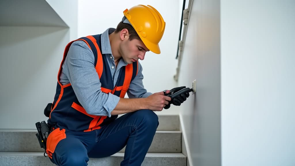 Technicien spécialisé en train de mesurer un escalier pour une installation sur mesure