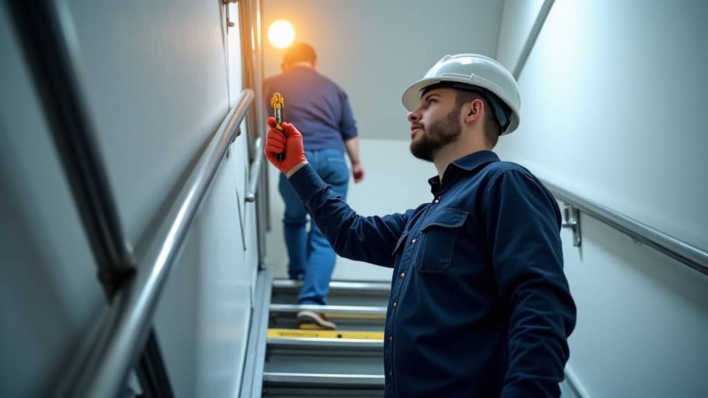 Technicien spécialisé en train de vérifier le fonctionnement d’un monte-escalier lors d’une intervention de maintenance à Hasnon
