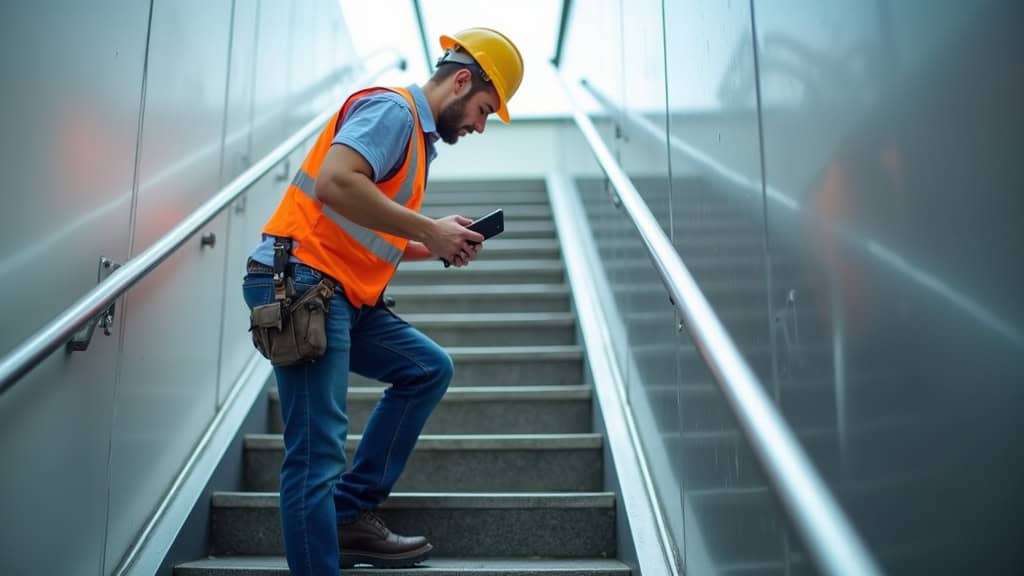 Technicien vérifiant le bon fonctionnement d’un monte-escalier à Messimy-sur-Saône
