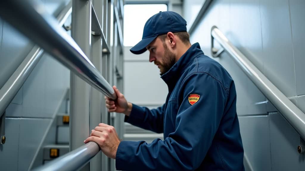 Technicien vérifiant le fonctionnement d’un monte-escalier lors d’un entretien à Bréauté