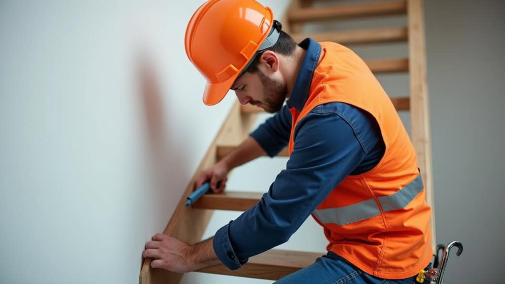 Technicien vérifiant le montage d’un monte-escalier à Le Châtelet-en-Brie
