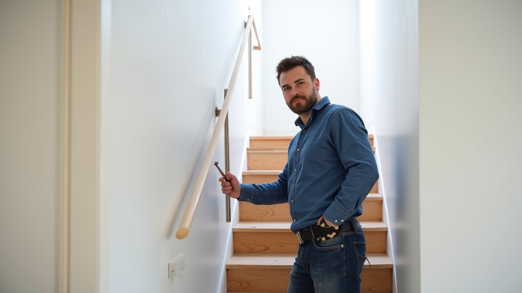 Technicien vérifiant un monte-escalier installé dans une maison de Terrasson-Lavilledieu