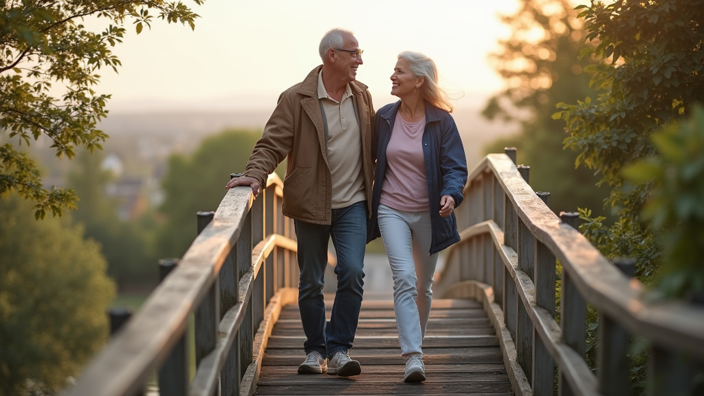 Un couple de seniors souriant sur leur monte-escalier installé à Pont-de-Metz