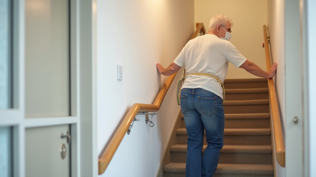 Un résident âgé utilise son monte escalier en toute sécurité, ceinture attachée et main sur l’accoudoir