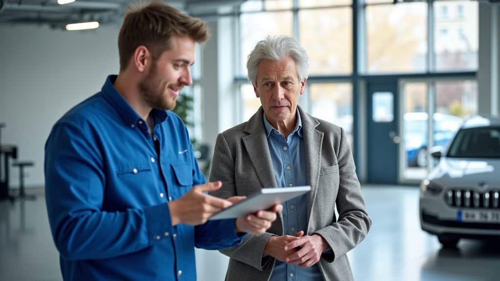 Un technicien discute avec un couple âgé devant un devis d