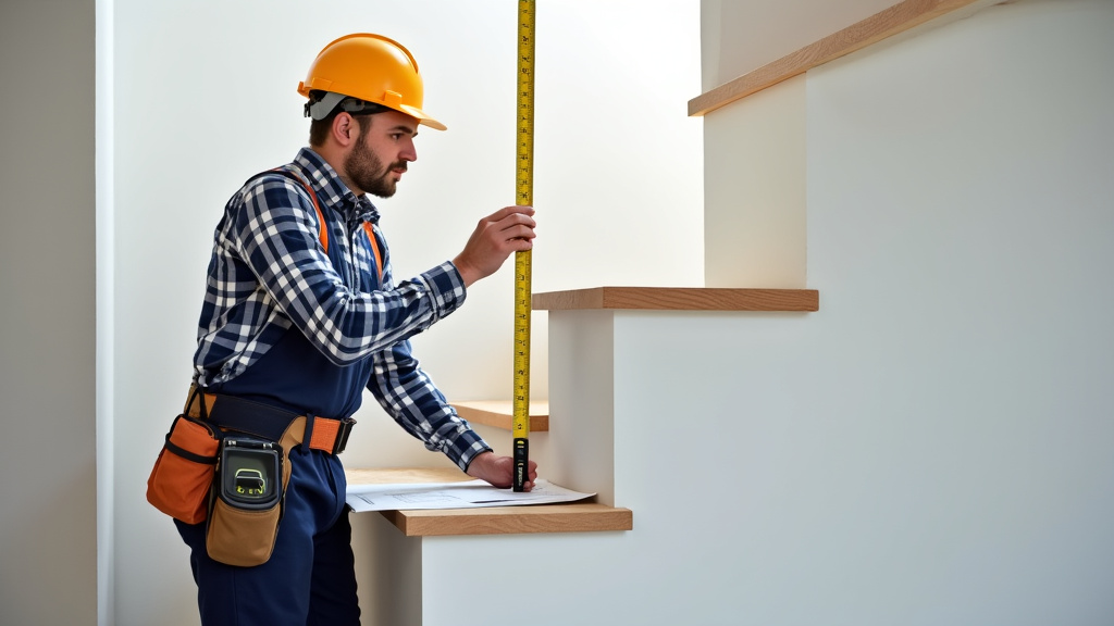 Un technicien en train de mesurer un escalier tournant dans une maison de Port-des-Barques, avec un appareil de mesure et un plan de pose
