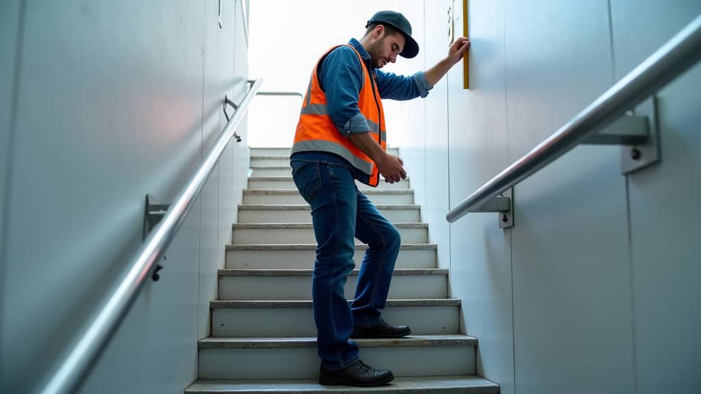 Un technicien mesure précisément un escalier en colimaçon lors d