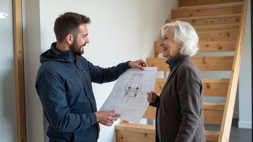 Un technicien présente un devis détaillé pour un monte-escalier à un couple âgé à Chabris