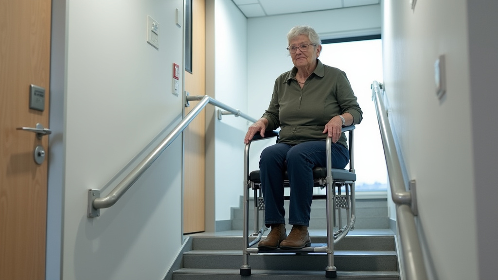 Une personne âgée en train d’essayer un siège monte-escalier lors d’une démonstration à Thusy