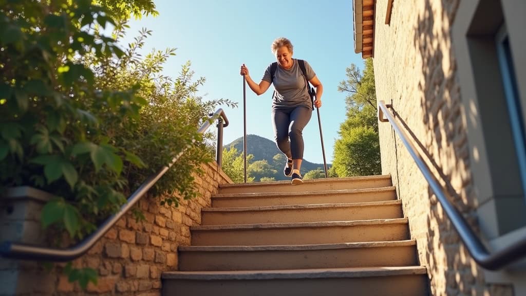 Une personne âgée utilisant sereinement un monte-escalier à Peyrehorade