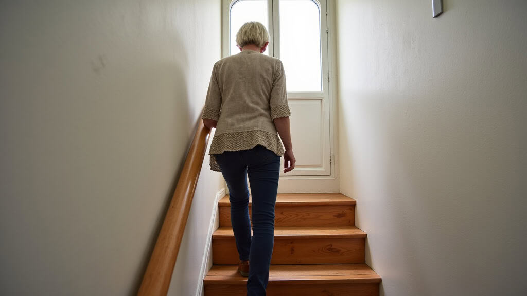 Une personne âgée utilisant son monte-escalier dans une maison typique d