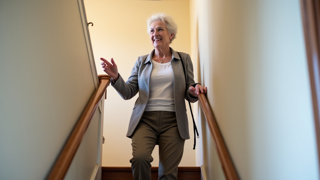 Une personne âgée utilisant un monte-escalier à Blois dans une maison ancienne typique de la région