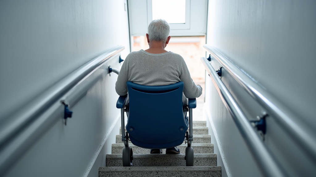 Utilisation d’un fauteuil monte-escalier par une personne âgée à Bernières-sur-Mer