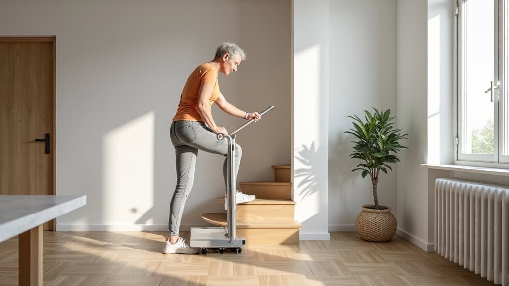 Utilisation d’un monte-escalier assis-debout par une personne âgée dans une maison à Giraumont