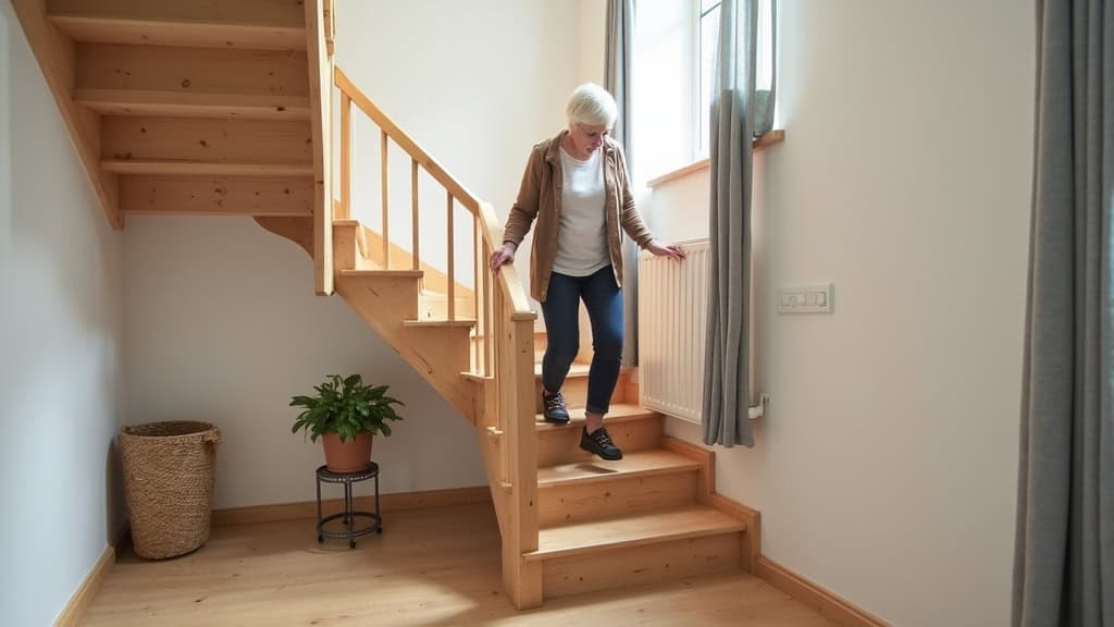 Utilisation d’un monte-escalier par une personne âgée dans une maison à Huismes