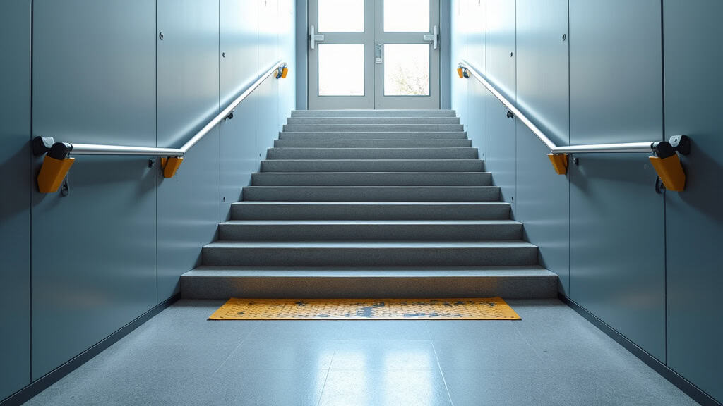 Utilisation sécurisée d’un monte-escalier avec ceinture de sécurité et arrêt d’urgence activé