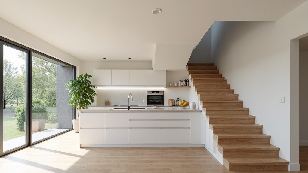 Vue d’un monte-escalier courbe installé dans une maison de Massy, près de la cuisine