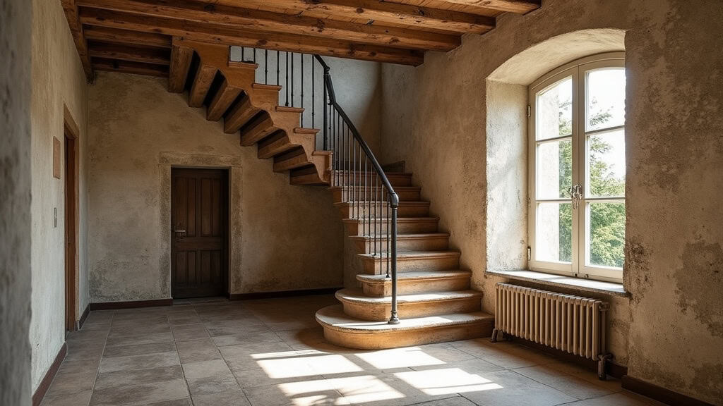 Vue d’un monte-escalier tournant installé dans une maison ancienne à Fleury-les-Aubrais