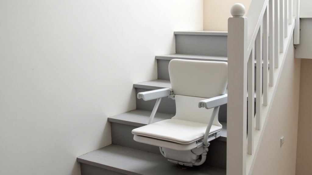 Vue rapprochée d’un siège de monte-escalier avec pivot et repose-pied réglable, installé dans un escalier tournant à Hasnon