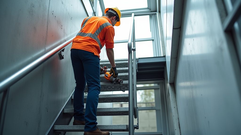 Vue rapprochée d’un technicien effectuant un entretien sur un monte-escalier à Argences en Aubrac