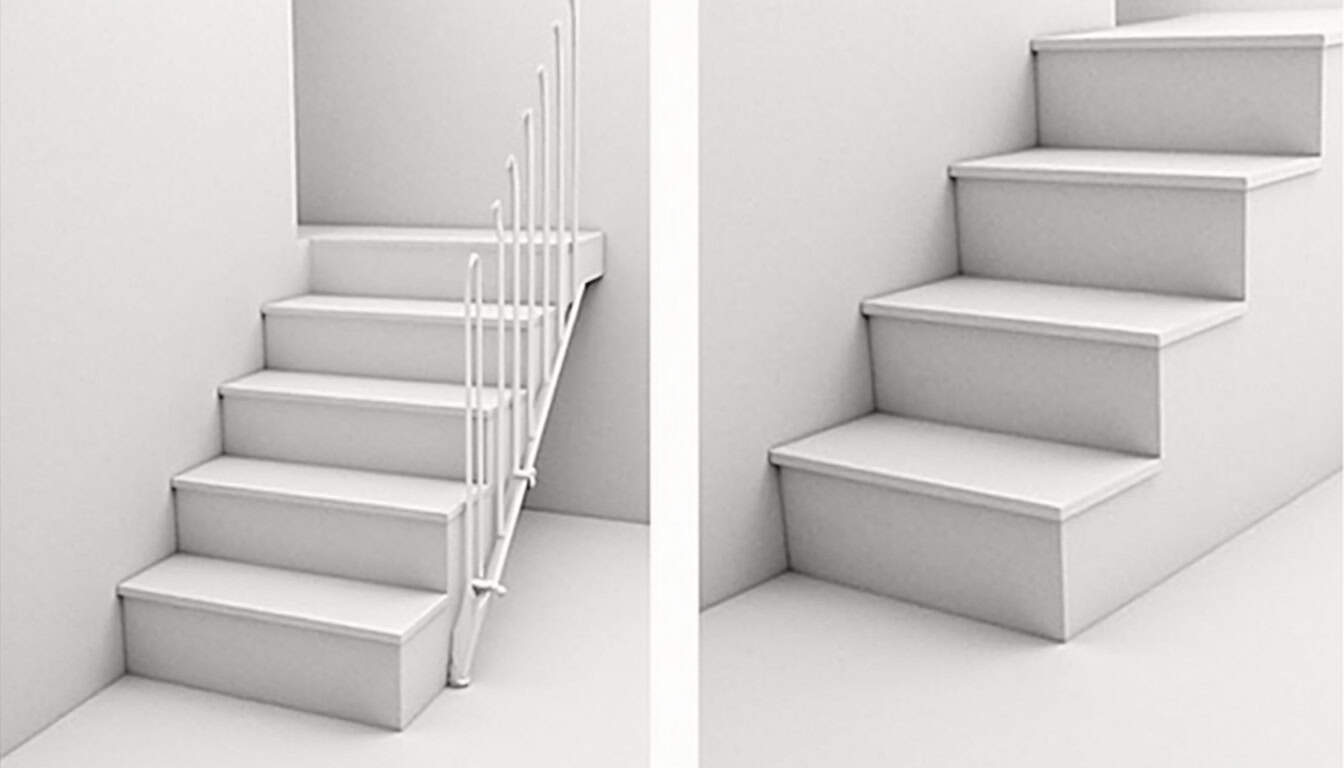 Comparaison visuelle entre un monte-escalier droit et un modèle tournant adapté à un escalier avec virage à Peaugres
