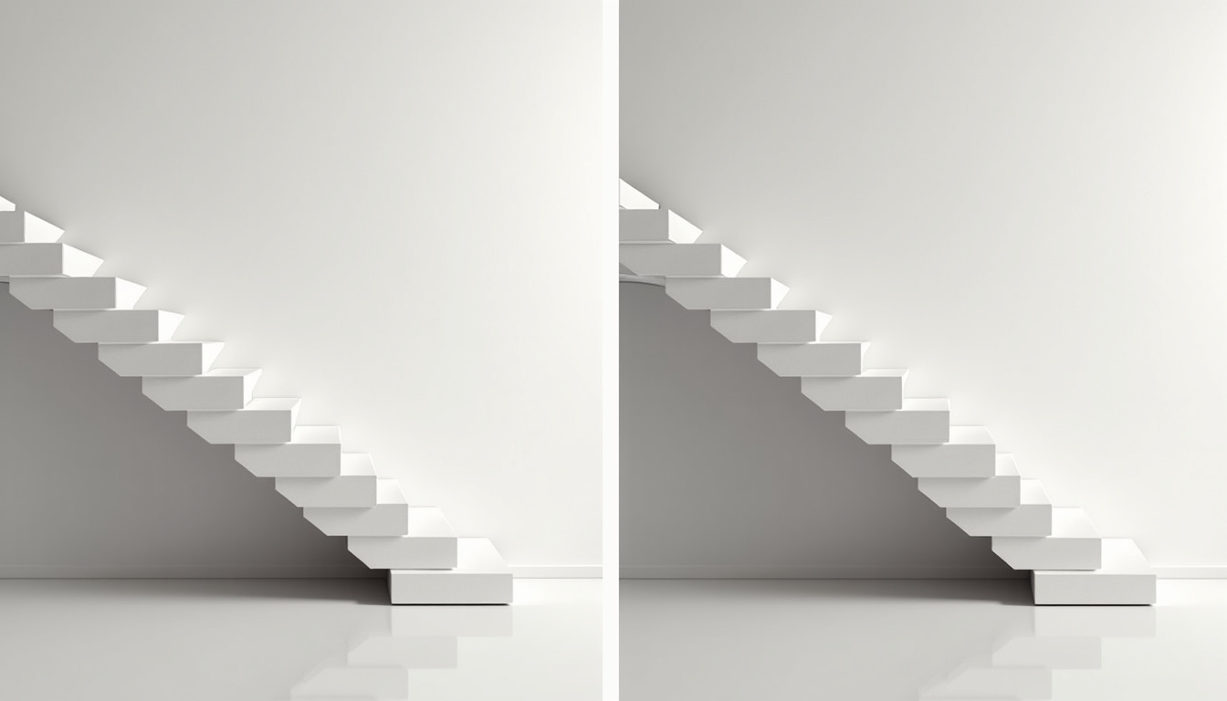 Comparaison visuelle entre un monte-escalier droit et un modèle tournant installé dans une maison