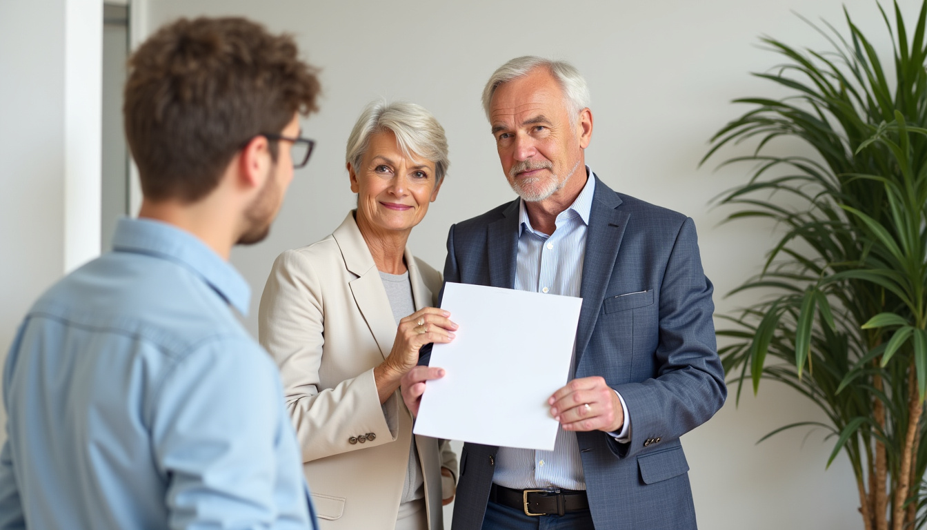 Conseiller en train de présenter un devis détaillé pour un monte-escalier à un couple âgé en Vendée