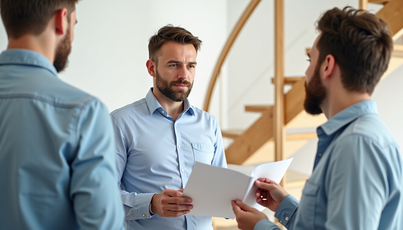 Conseiller en train de remettre un devis pour un monte-escalier à un client à Jugon-les-Lacs