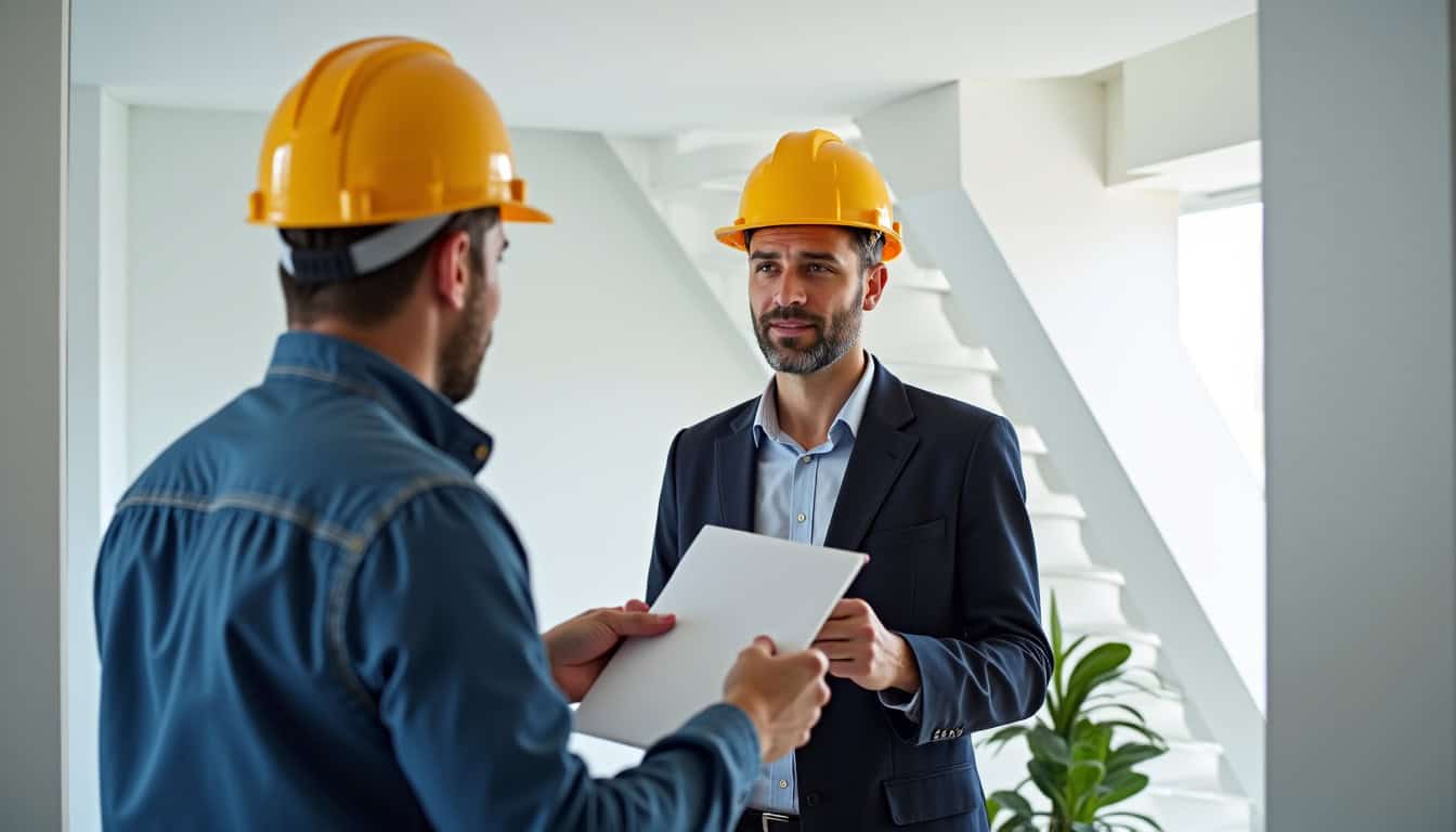 Échange entre un technicien et un propriétaire à Chaux lors d’une visite de diagnostic pour un devis de monte-escalier