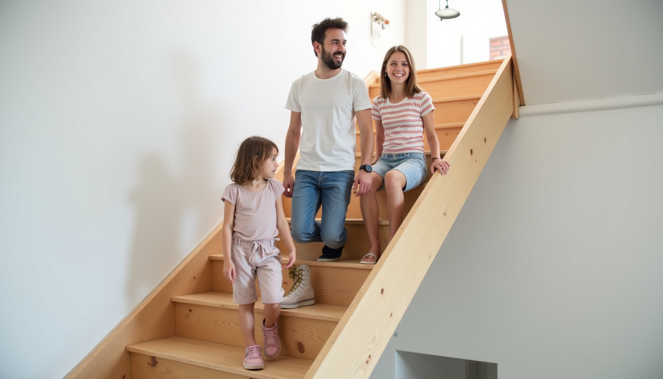 Famille heureuse avec un monte-escalier installé dans leur maison à Couchey
