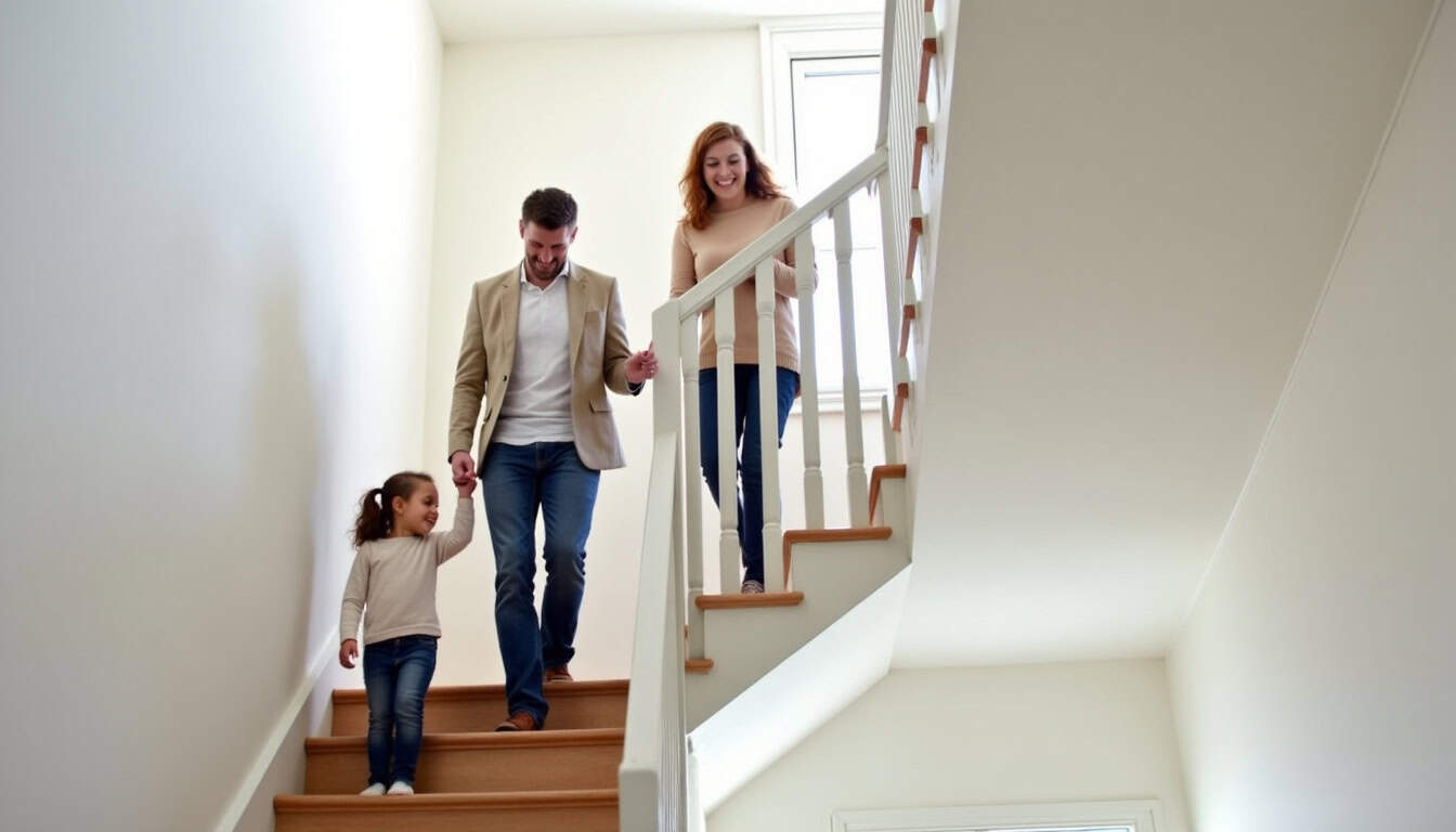 Famille heureuse utilisant un monte-escalier dans une maison à Auxonne