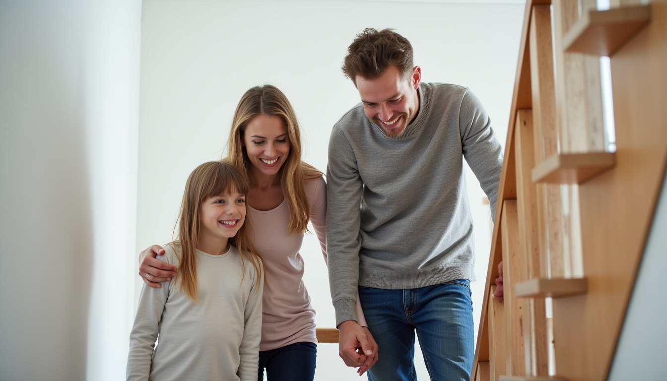 Famille souriante avec un aîné utilisant un monte-escalier à Haillicourt