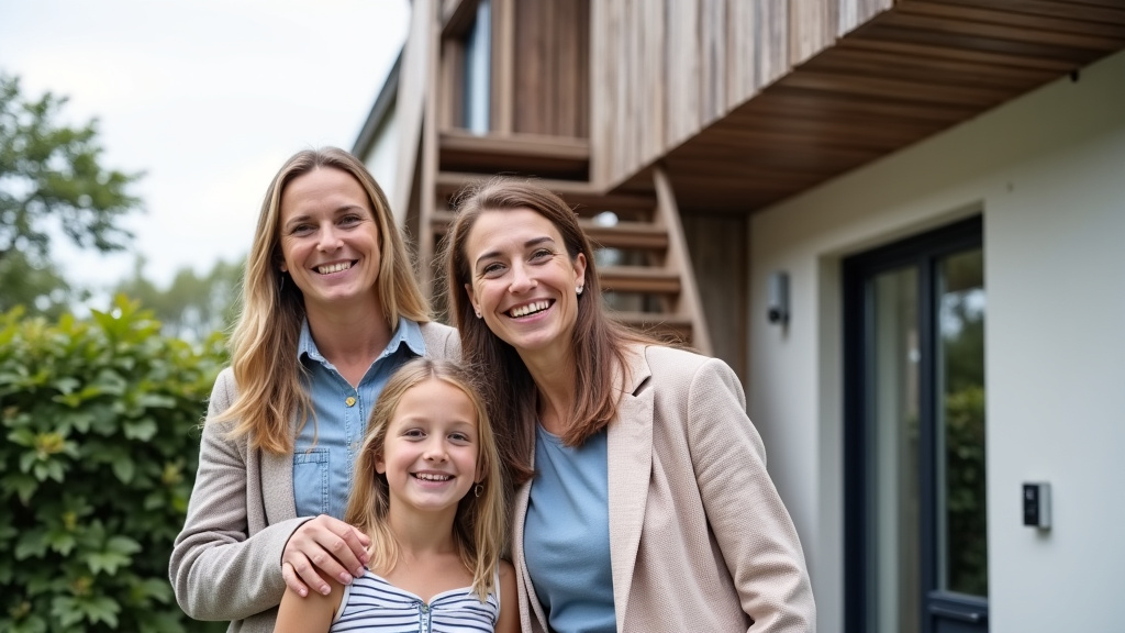 Famille souriante devant leur maison équipée d’un monte-escalier à La Planche