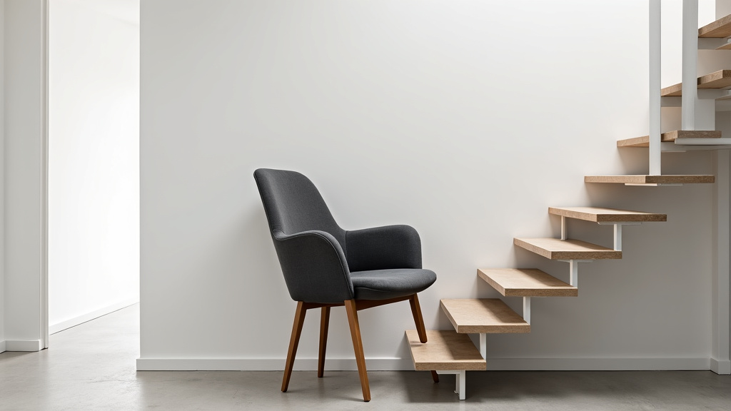 Fauteuil monte-escalier installé dans une maison à Lesquin, en position repliée contre le mur pour ne pas encombrer l