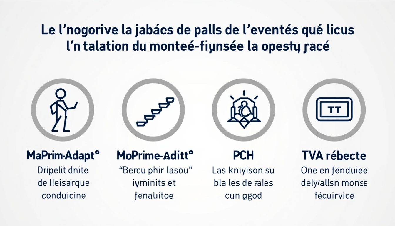 Infographie illustrant les différentes aides financières pour l’installation d’un monte-escalier à Thue et Mue: MaPrimeAdapt’, APA, PCH, TVA réduite